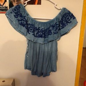 off the shoulder denim looking shirt